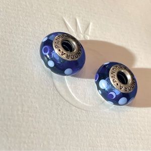 🌻Pandora TWO Blue & White Polka Dot Glass Charms